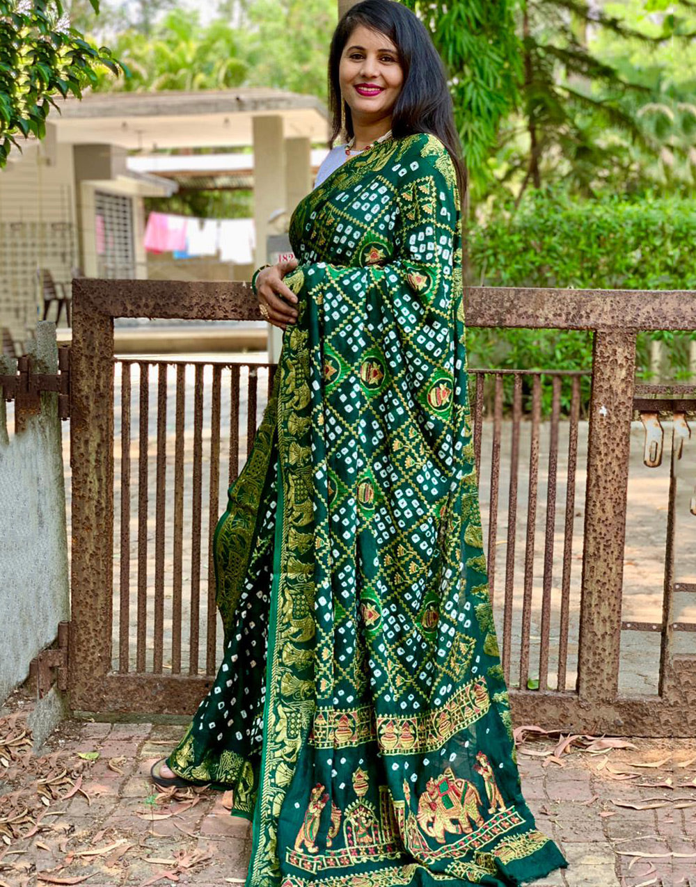 Dark Green Hand Bandhej Bandhani Saree With Weaving Border