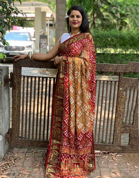 Maroon & Light Brown Hand Bandhej Bandhani Saree With Weaving Border