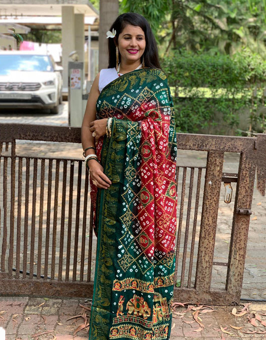 Green & Dark Red Hand Bandhej Bandhani Saree With Weaving Border