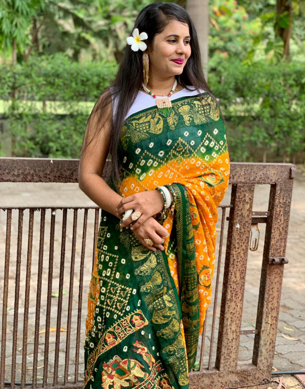 Green & Yellow Hand Bandhej Bandhani Saree With Weaving Border