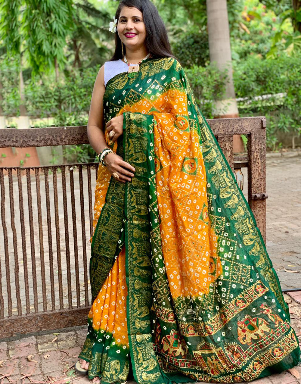 Green & Yellow Hand Bandhej Bandhani Saree With Weaving Border