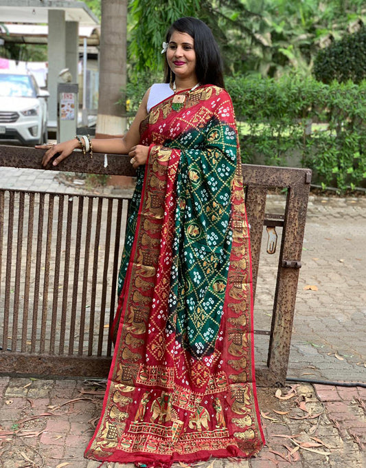 Maroon & Green Hand Bandhej Bandhani Saree With Weaving Border