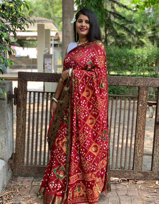 Maroon Hand Bandhej Bandhani Saree With Weaving Border