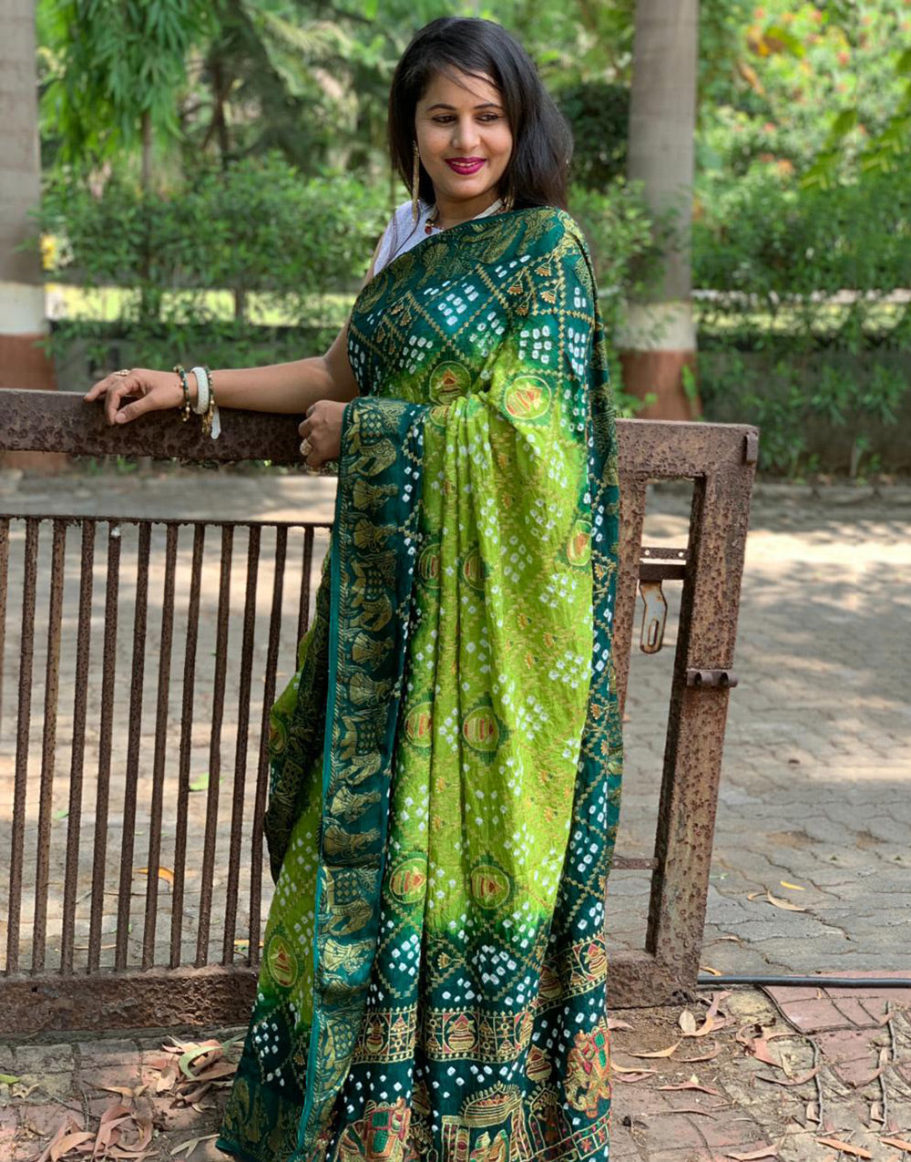 Green Hand Bandhej Bandhani Saree With Weaving Border