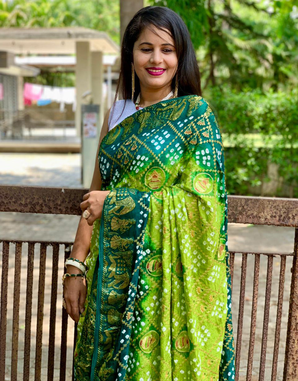 Green Hand Bandhej Bandhani Saree With Weaving Border