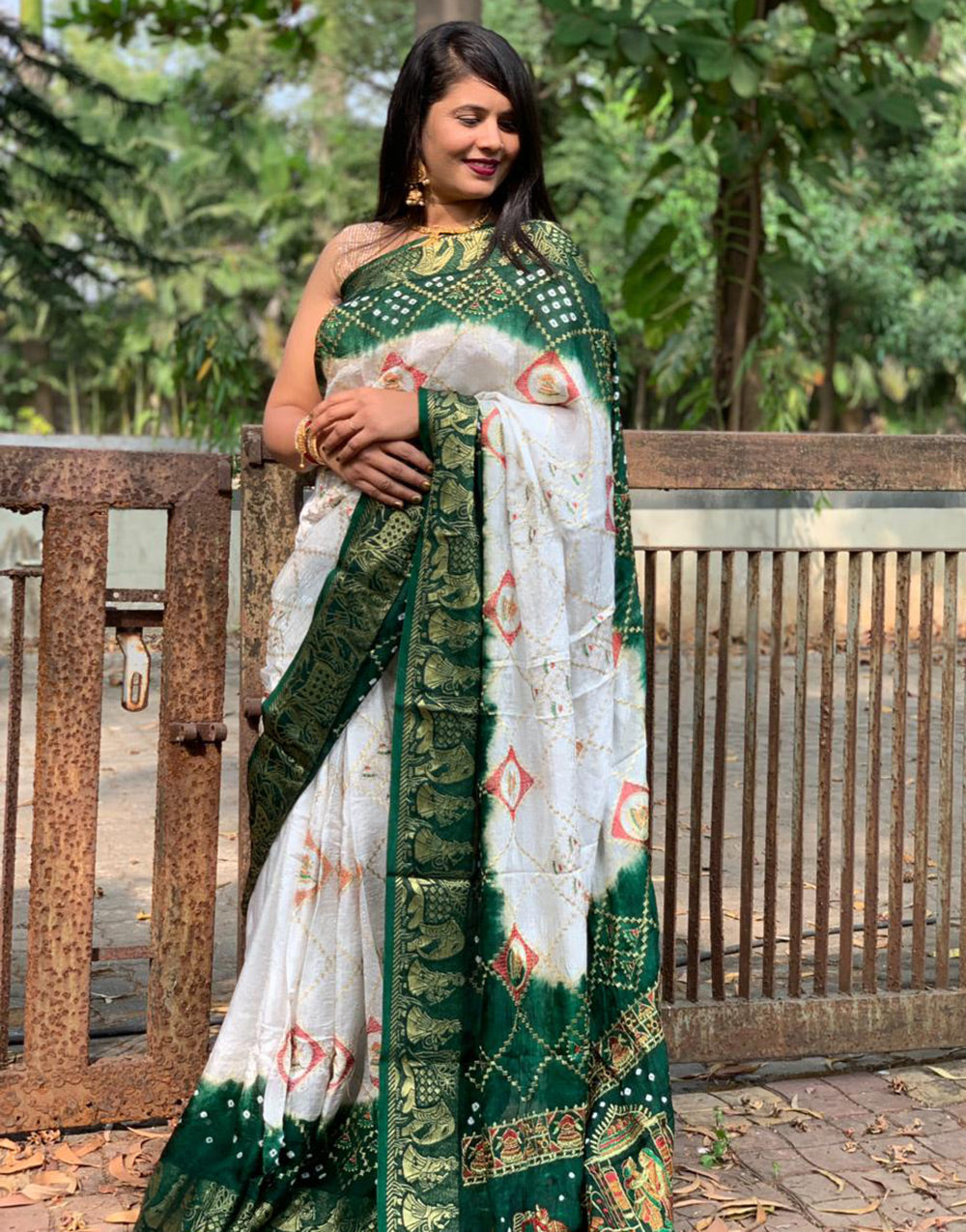 Dark Green & White Hand Bandhej Bandhani Saree With Weaving Border