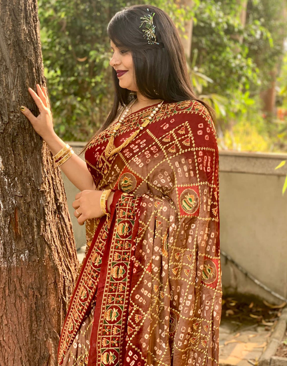 Brown & Maroon Gaji Silk Hand Bandhej Bandhani Saree