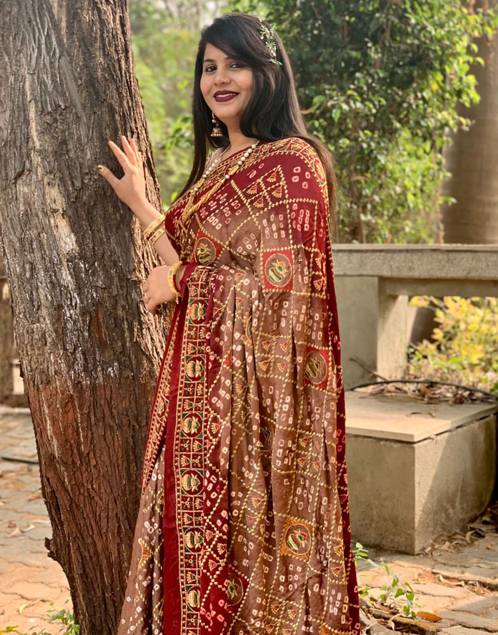 Brown & Maroon Gaji Silk Hand Bandhej Bandhani Saree