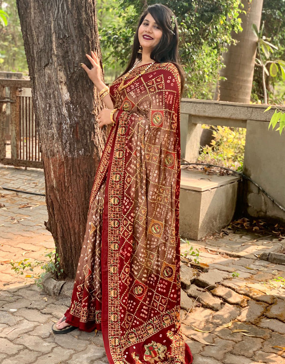 Brown & Maroon Gaji Silk Hand Bandhej Bandhani Saree