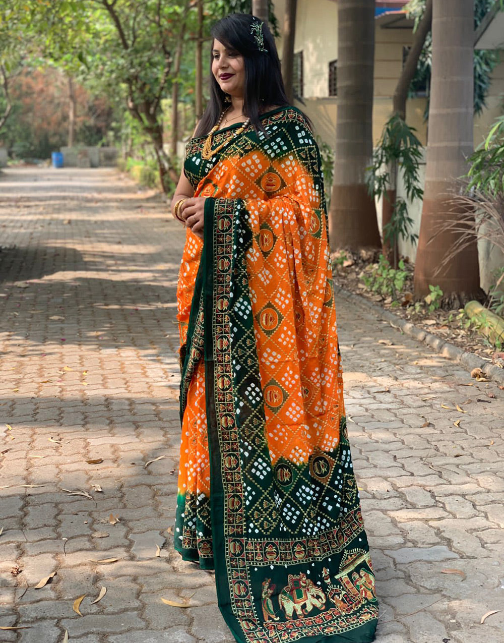 Orange Gaji Silk Hand Bandhej Saree With Printed Work