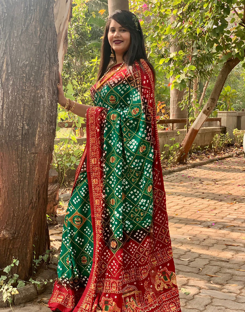 Dark Red & Green Gaji Silk Hand Bandhej Bandhani Saree