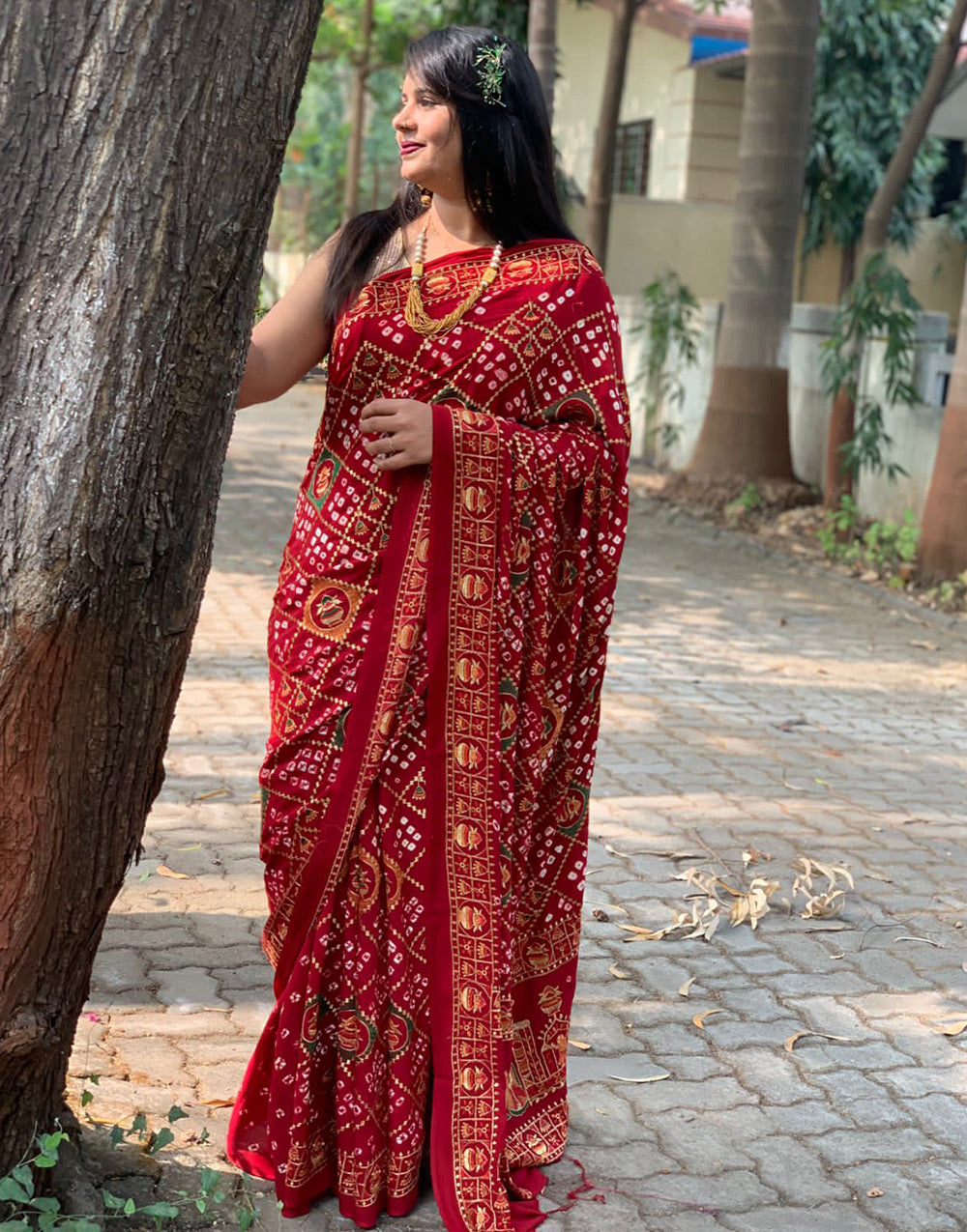 Maroon Gaji Silk Hand Bandhej Bandhani Saree