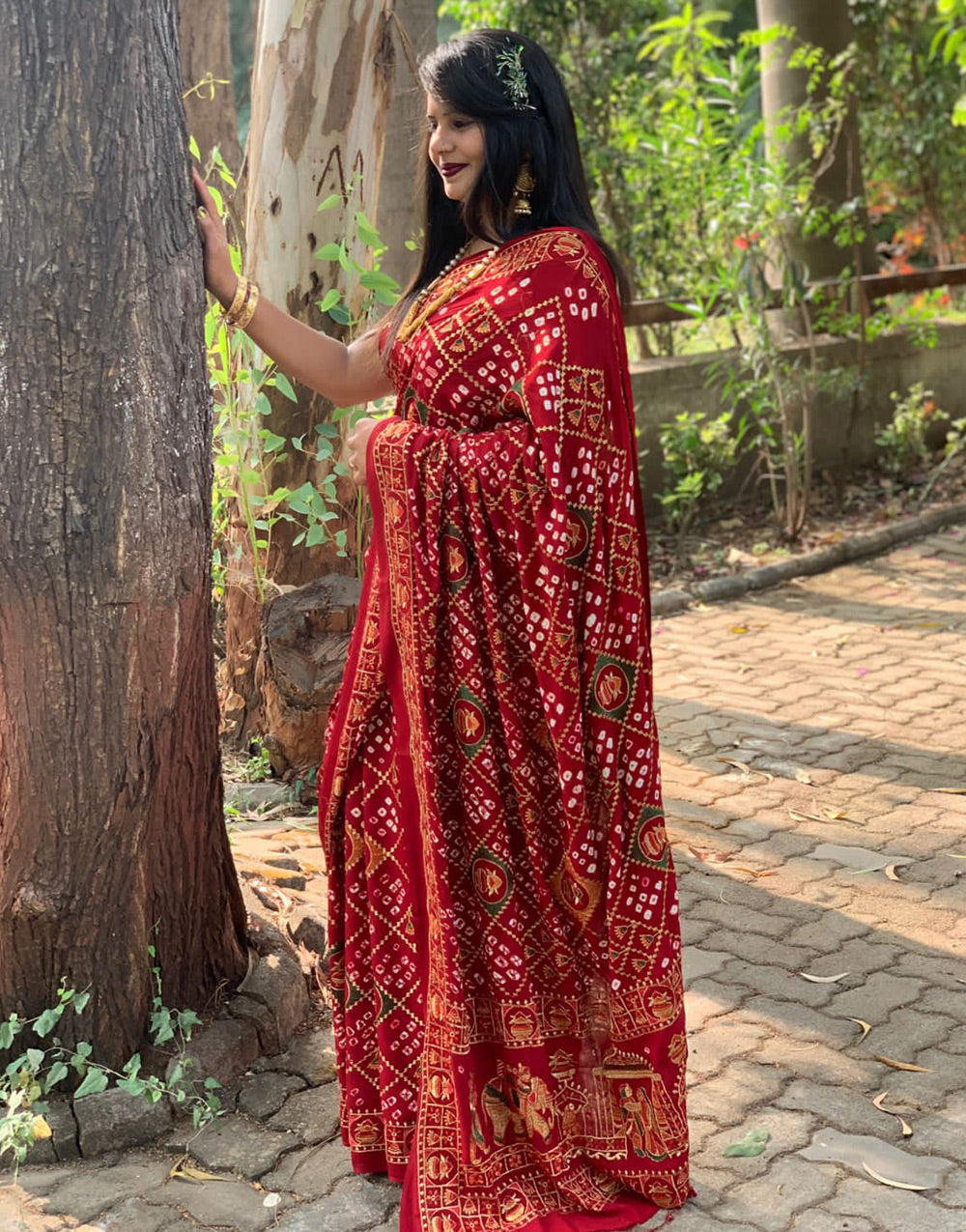 Maroon Gaji Silk Hand Bandhej Bandhani Saree