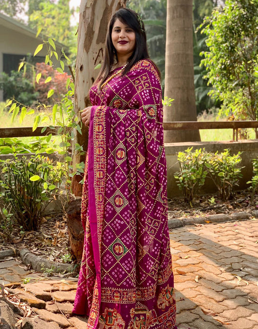 Dark Magenta Gaji Silk Hand Bandhej Bandhani Saree