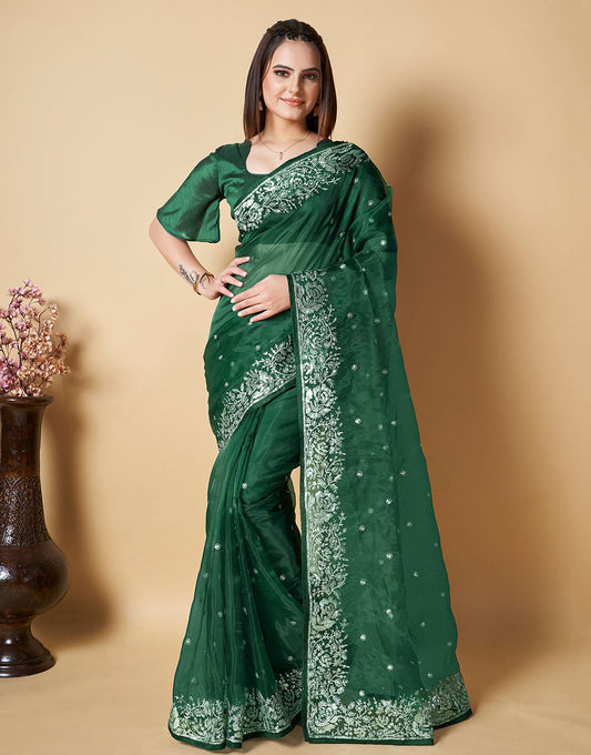 Green Organza Saree With Sequence & Piping Border