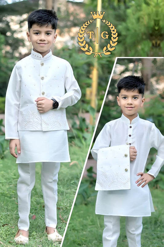 Party Wear Kids Kurta-Koti-Pyjama Set