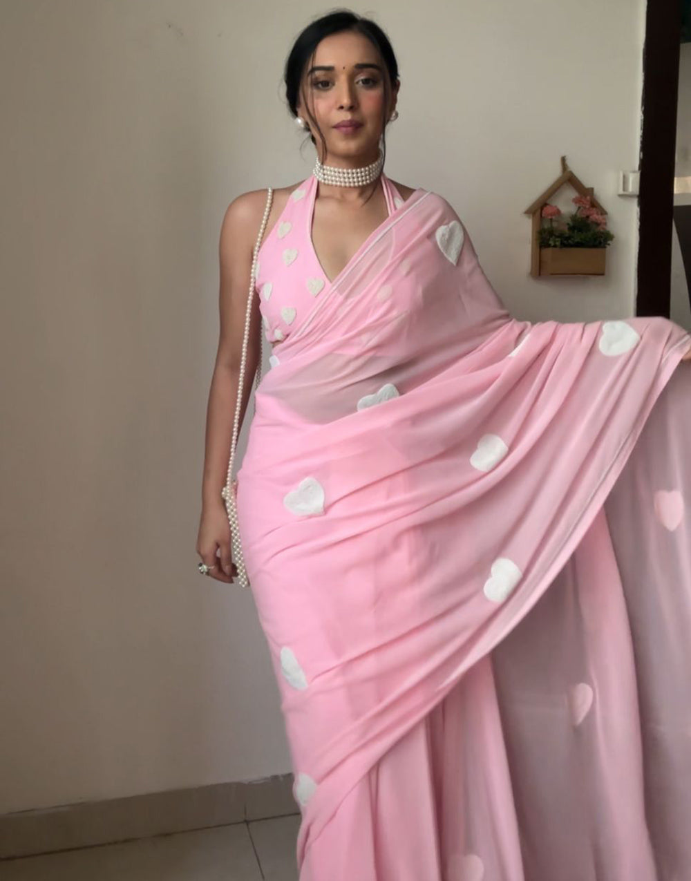 Baby Pink Georgette Ready To Wear Saree