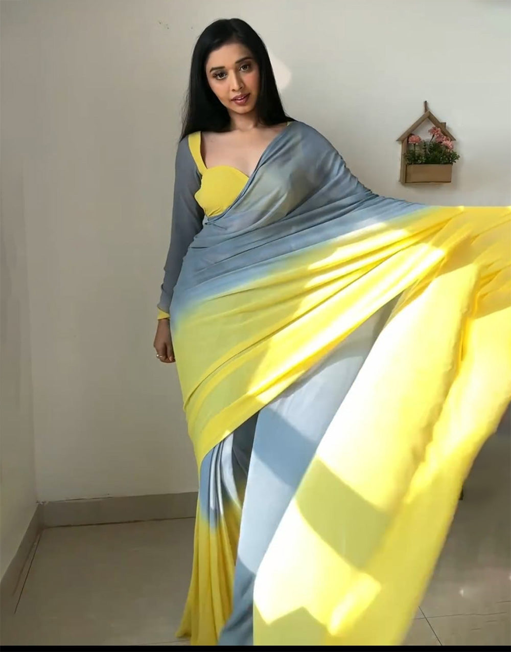 Gray & Yellow Soft Georgette Fancy Ready To Wear Saree