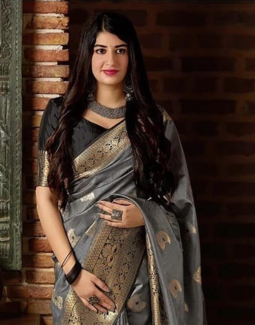 Gray Lichi Silk Saree With Zari Weaving Work