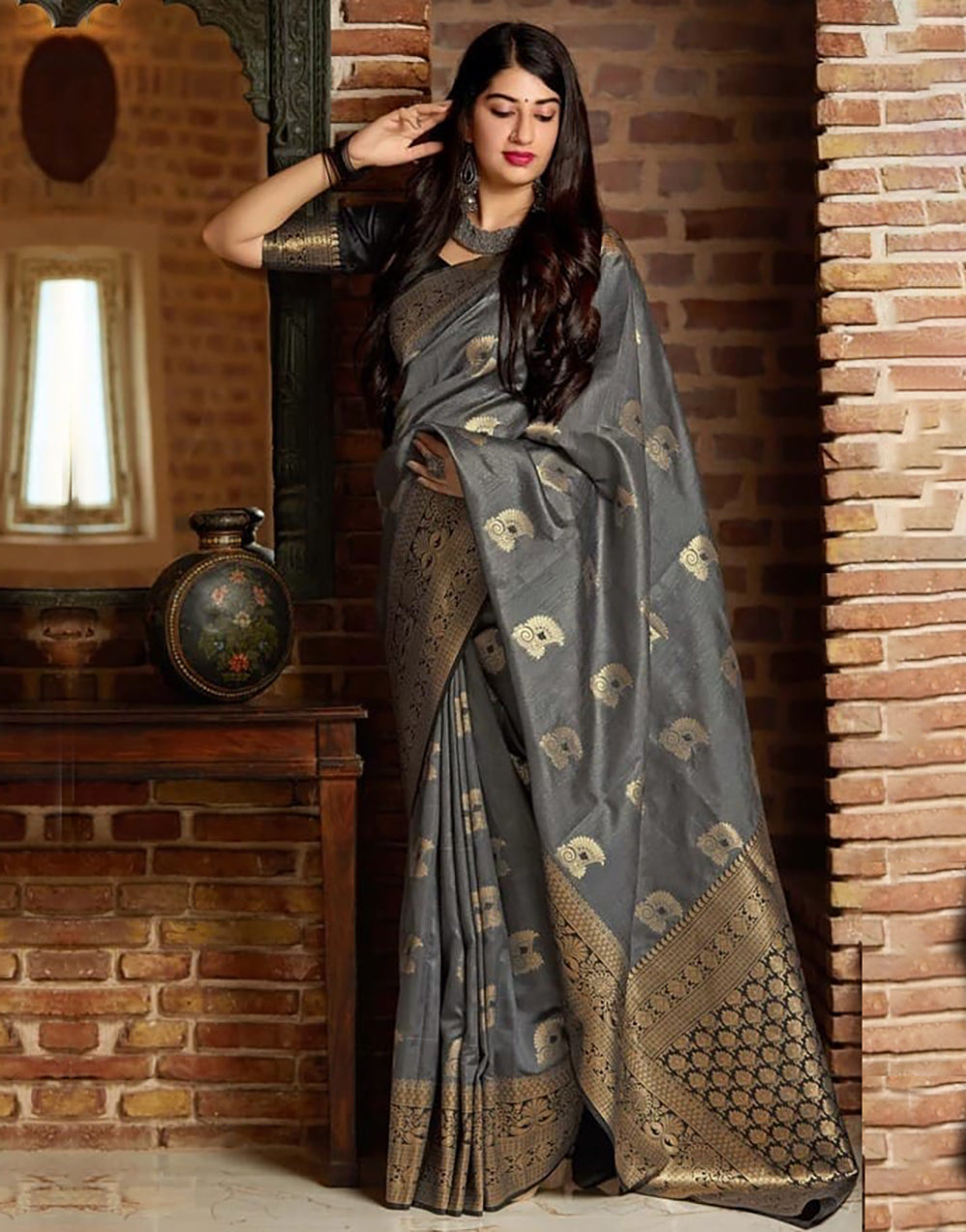 Gray Lichi Silk Saree With Zari Weaving Work