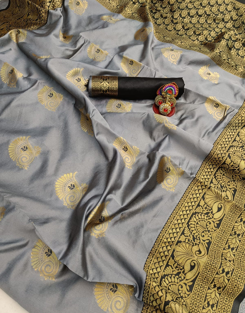 Gray Lichi Silk Saree With Zari Weaving Work