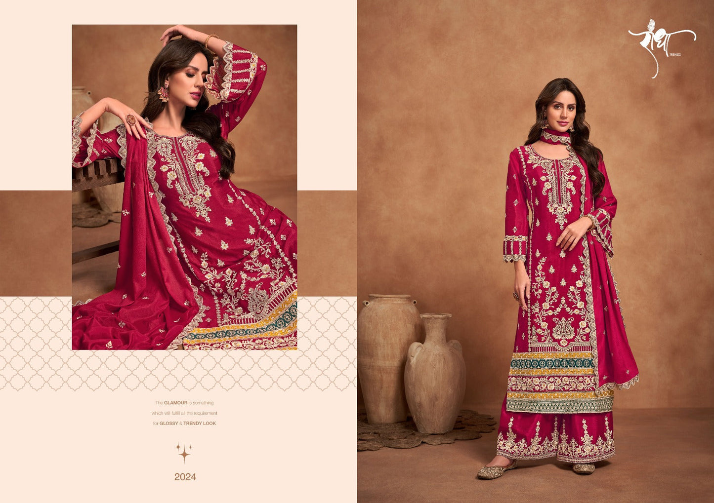 Beautiful Designer Strawberry Pink Pakistani Palazzo Kameez