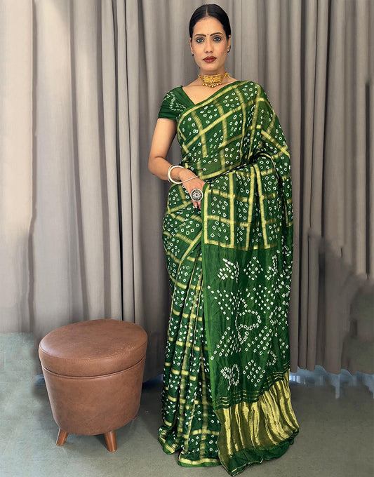 Hunter Green Hand Bandhej Bandhani Saree With Weaving Work