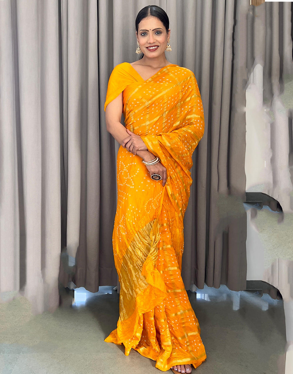 Fire Yellow Hand Bandhej Bandhani Saree With Weaving Work