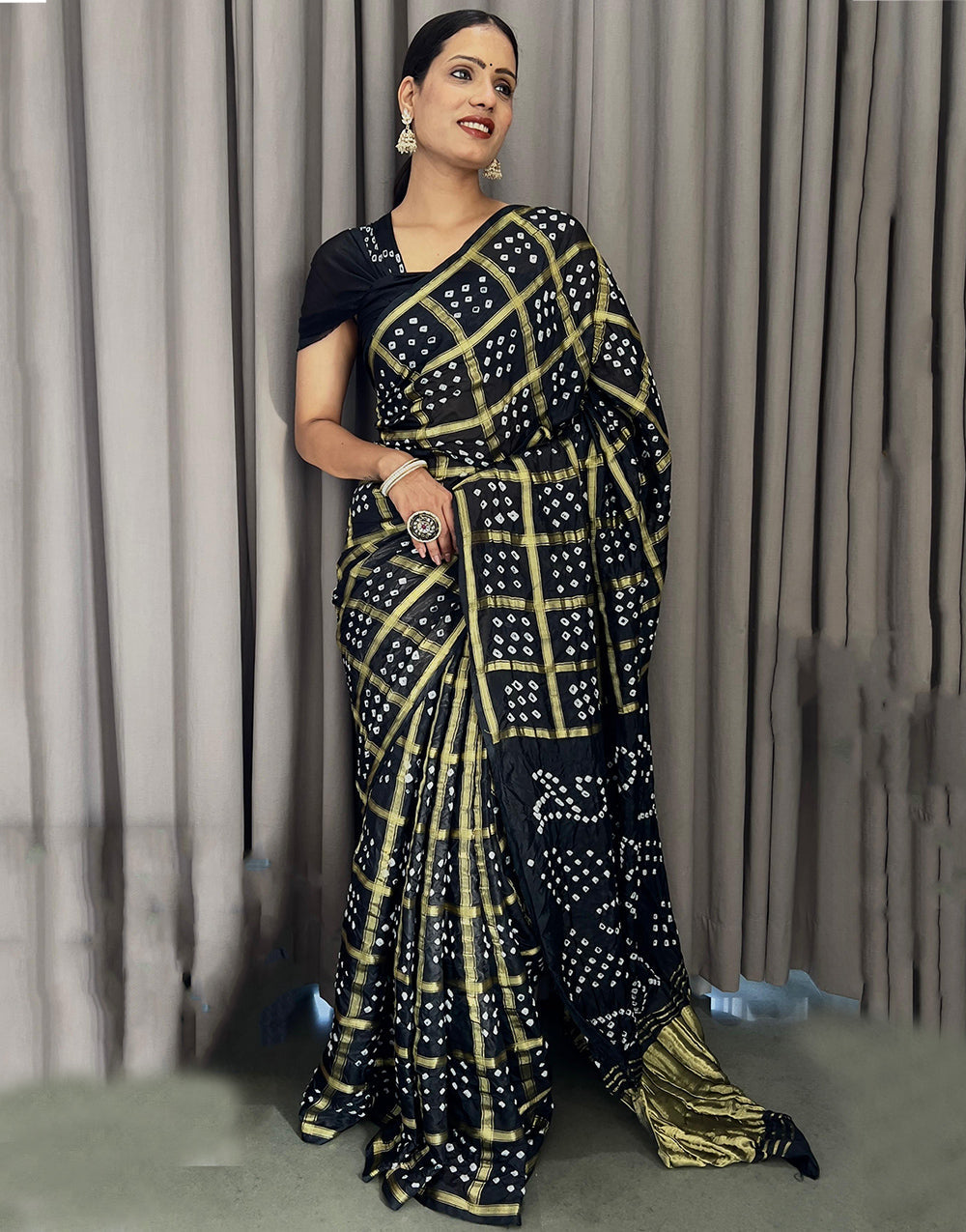 Black Hand Bandhej Bandhani Saree With Weaving Work