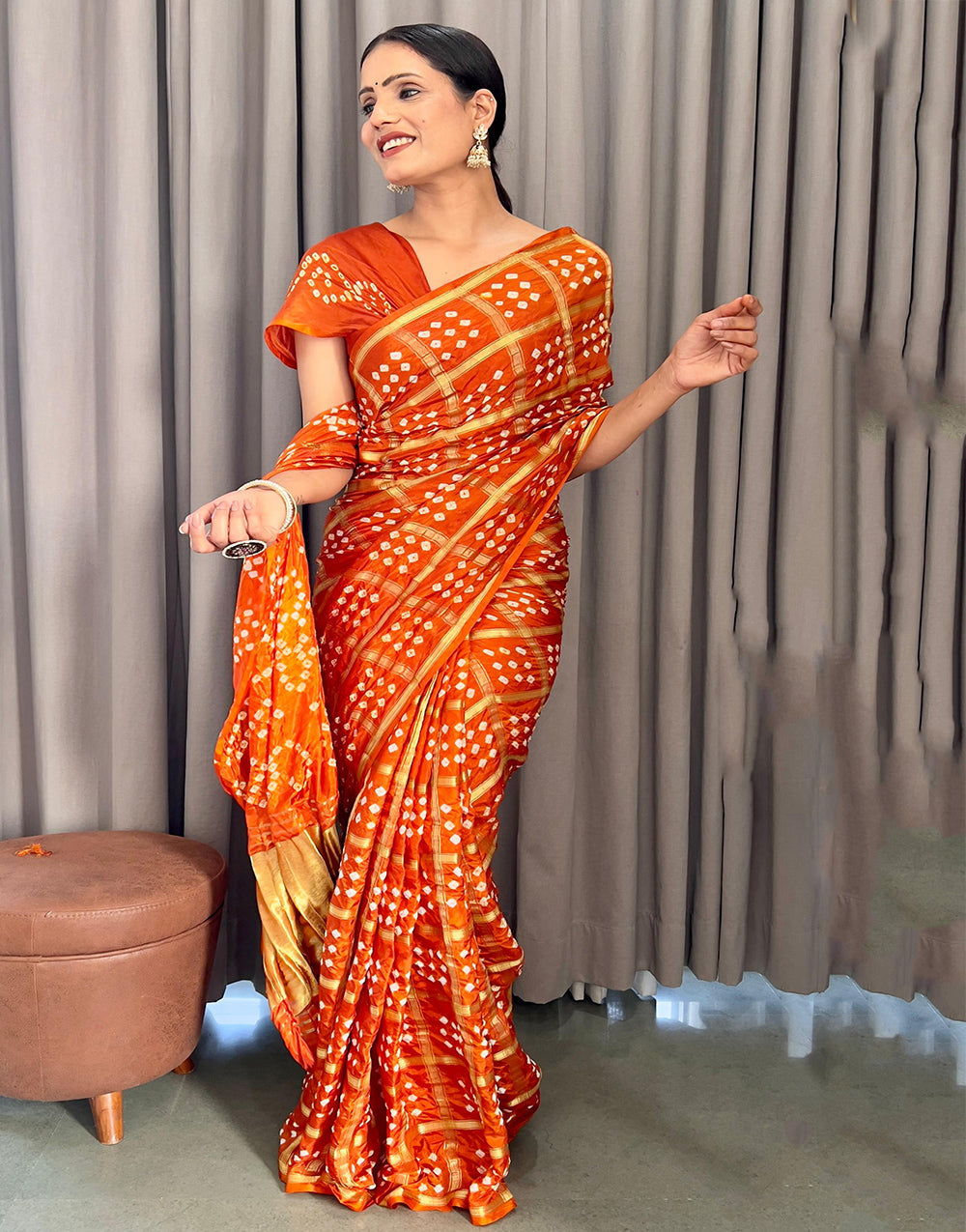 Orange Hand Bandhej Bandhani Saree With Weaving Work