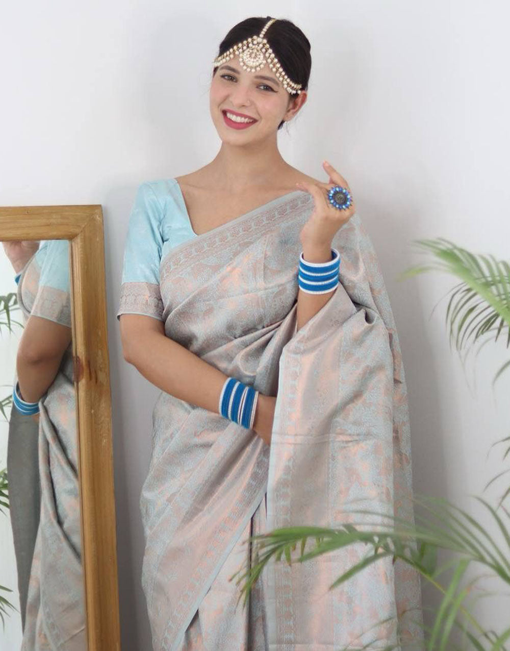 Light Blue Banarasi Silk Saree With Zari Weaving Work