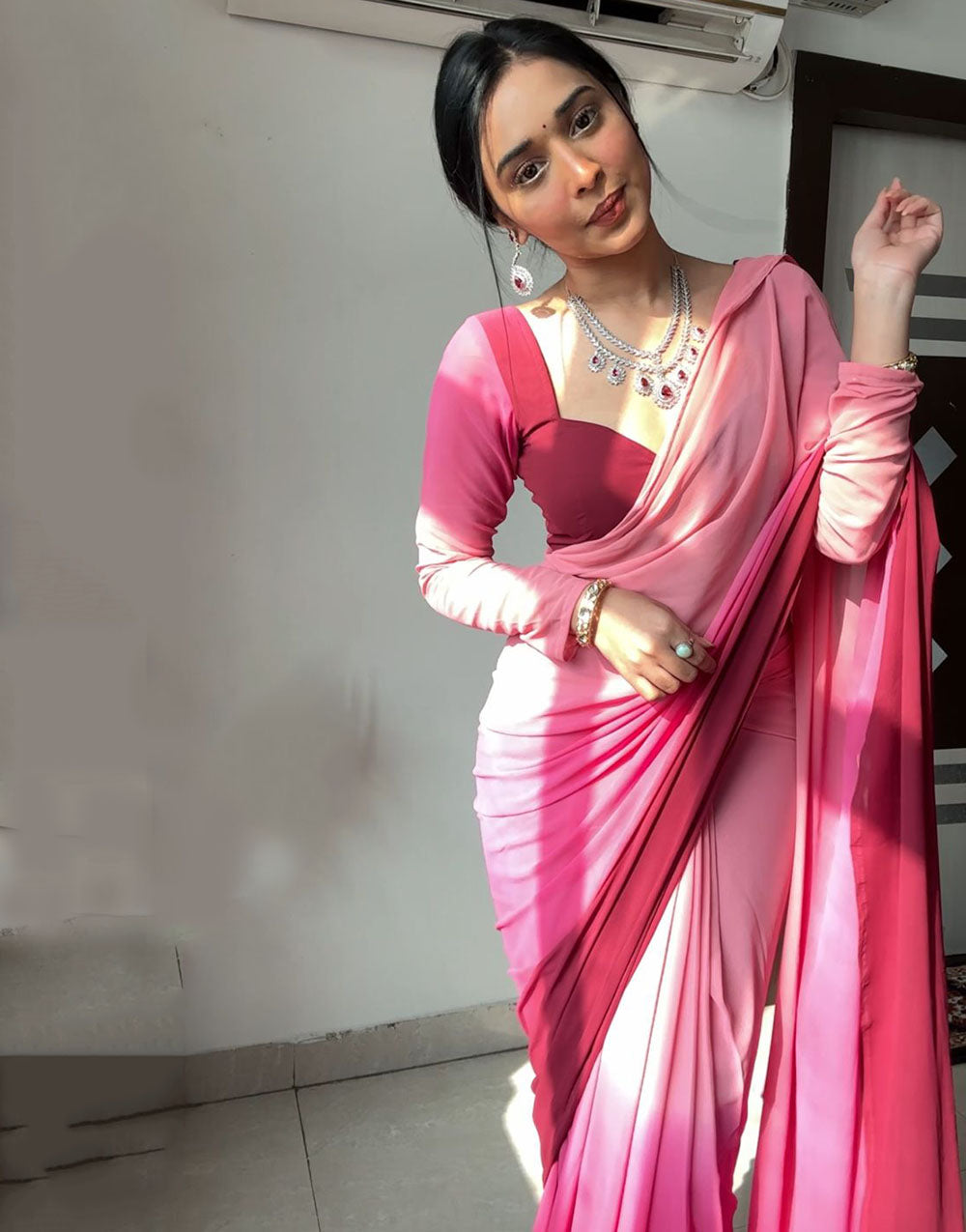 Beautiful Pink Georgette Ready To Wear Saree