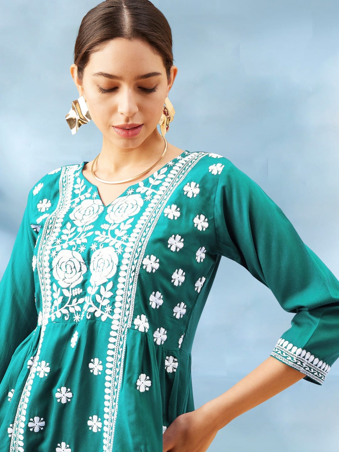 Beautiful Designer Reyon Tunics Ethnic Motif White Embroidery Thread Work Kurti Top