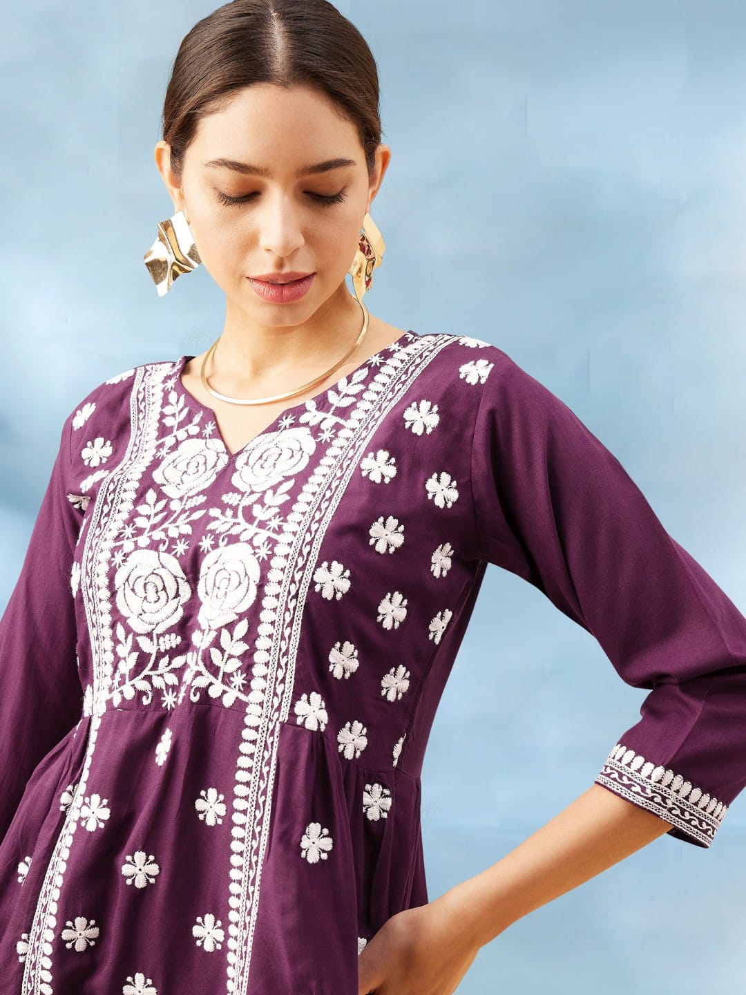 Beautiful Designer Reyon Tunics Ethnic Motif White Embroidery Thread Work Kurti Top