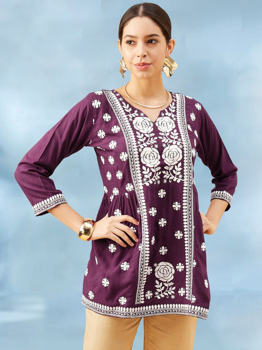 Beautiful Designer Reyon Tunics Ethnic Motif White Embroidery Thread Work Kurti Top