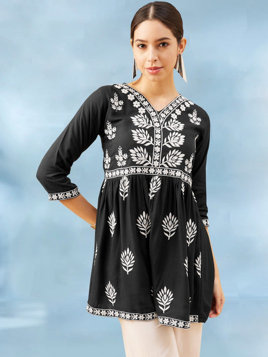 Beautiful Designer Reyon Tunics Ethnic Motif White Embroidery Thread Work Kurti Top