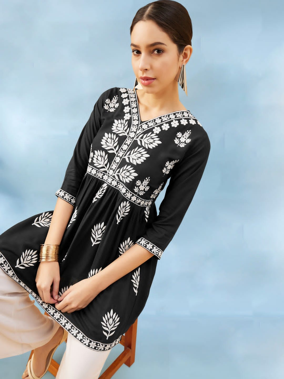 Beautiful Designer Reyon Tunics Ethnic Motif White Embroidery Thread Work Kurti Top