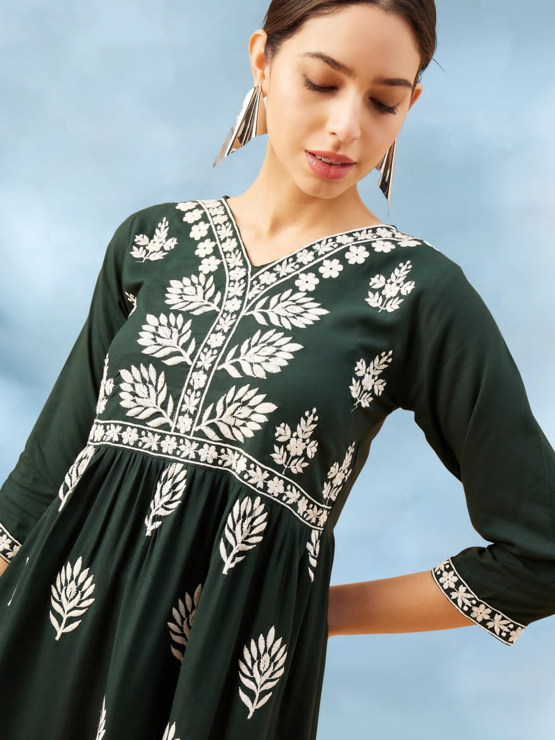 Beautiful Designer Reyon Tunics Ethnic Motif White Embroidery Thread Work Kurti Top