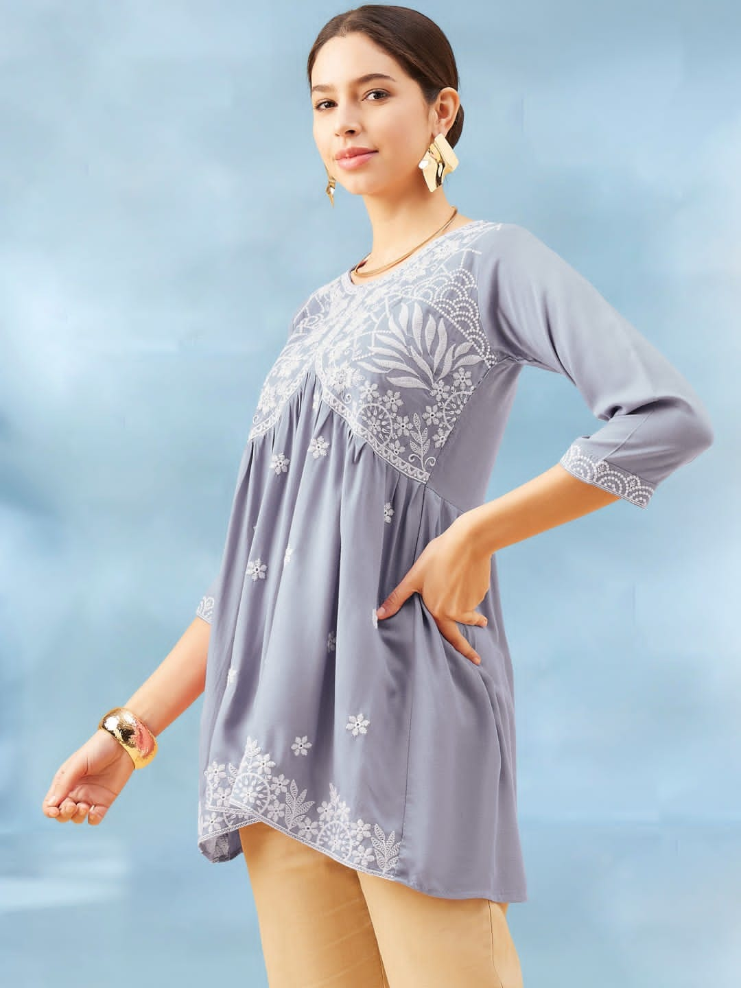 Beautiful Designer Reyon Tunics Ethnic Motif White Embroidery Thread Work Kurti Top