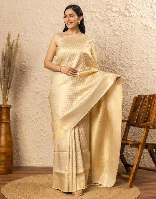 Cream Banarasi Silk Saree With Zari Weaving Work