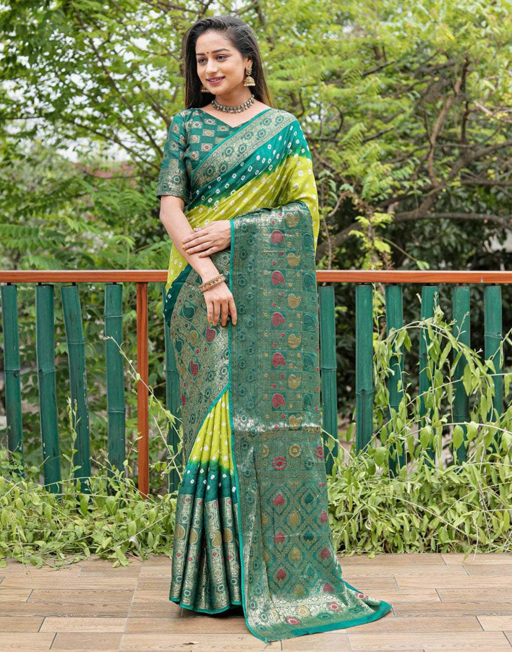 Lime Green Bandhani Saree With Zari Weaving Work