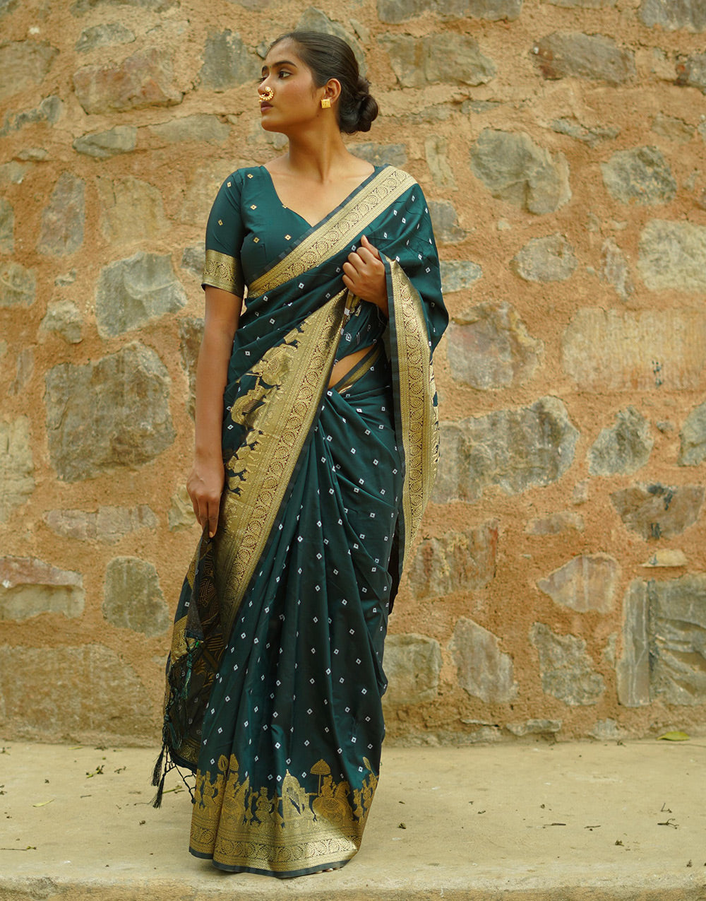 Dark Green Hand Bandhej Bandhani Saree With Zari Weaving Work