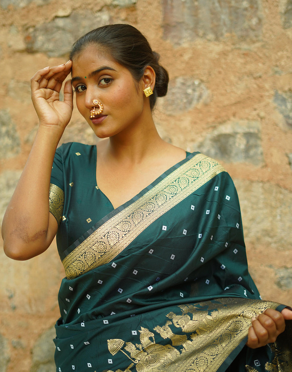 Dark Green Hand Bandhej Bandhani Saree With Zari Weaving Work