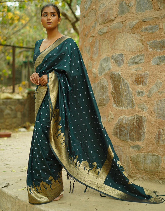 Dark Green Hand Bandhej Bandhani Saree With Zari Weaving Work