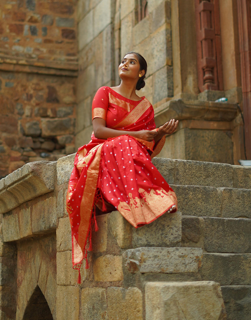 Candy Apple Red Hand Bandhej Bandhani Saree With Zari Weaving Work