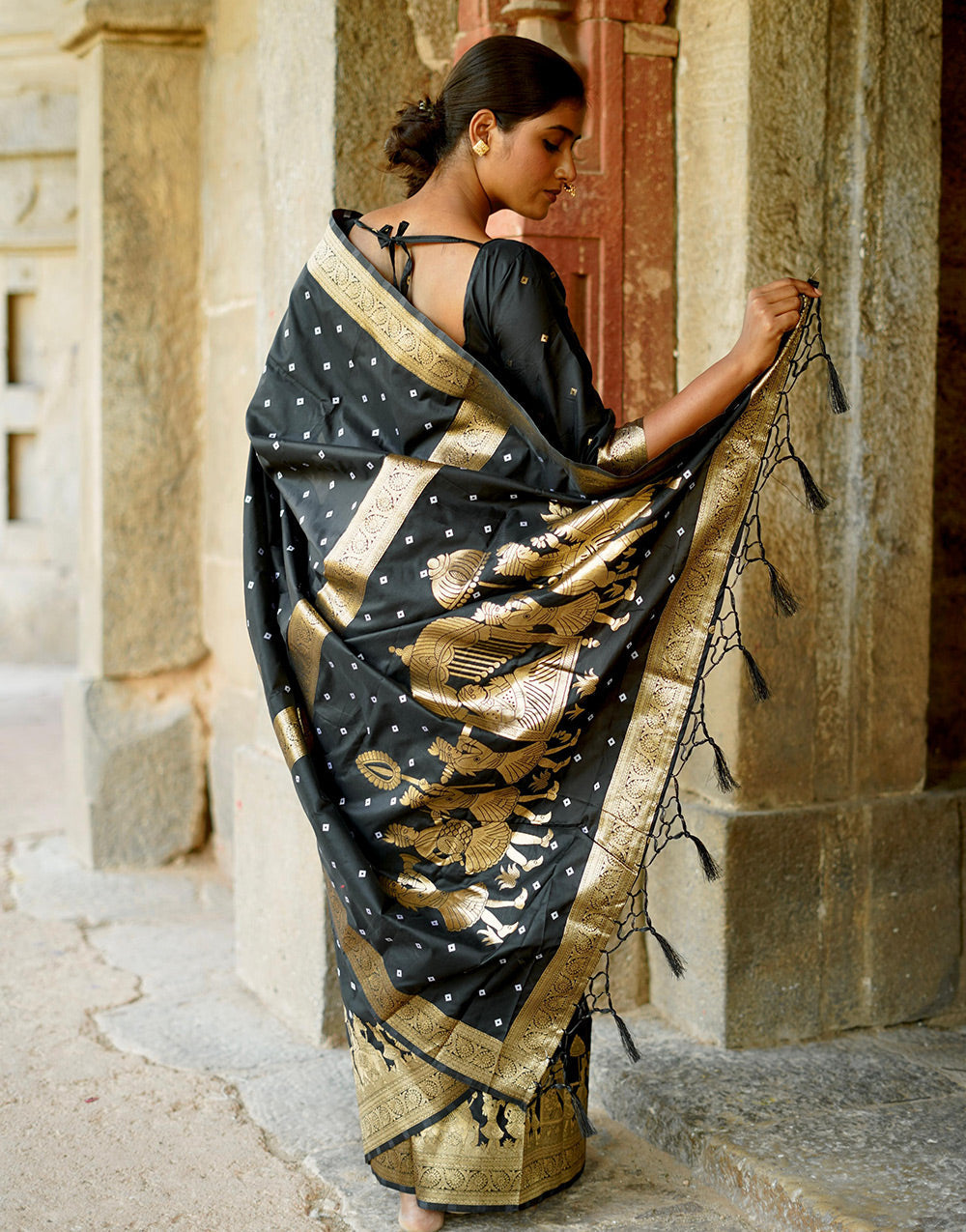 Black Hand Bandhej Bandhani Saree With Zari Weaving Work