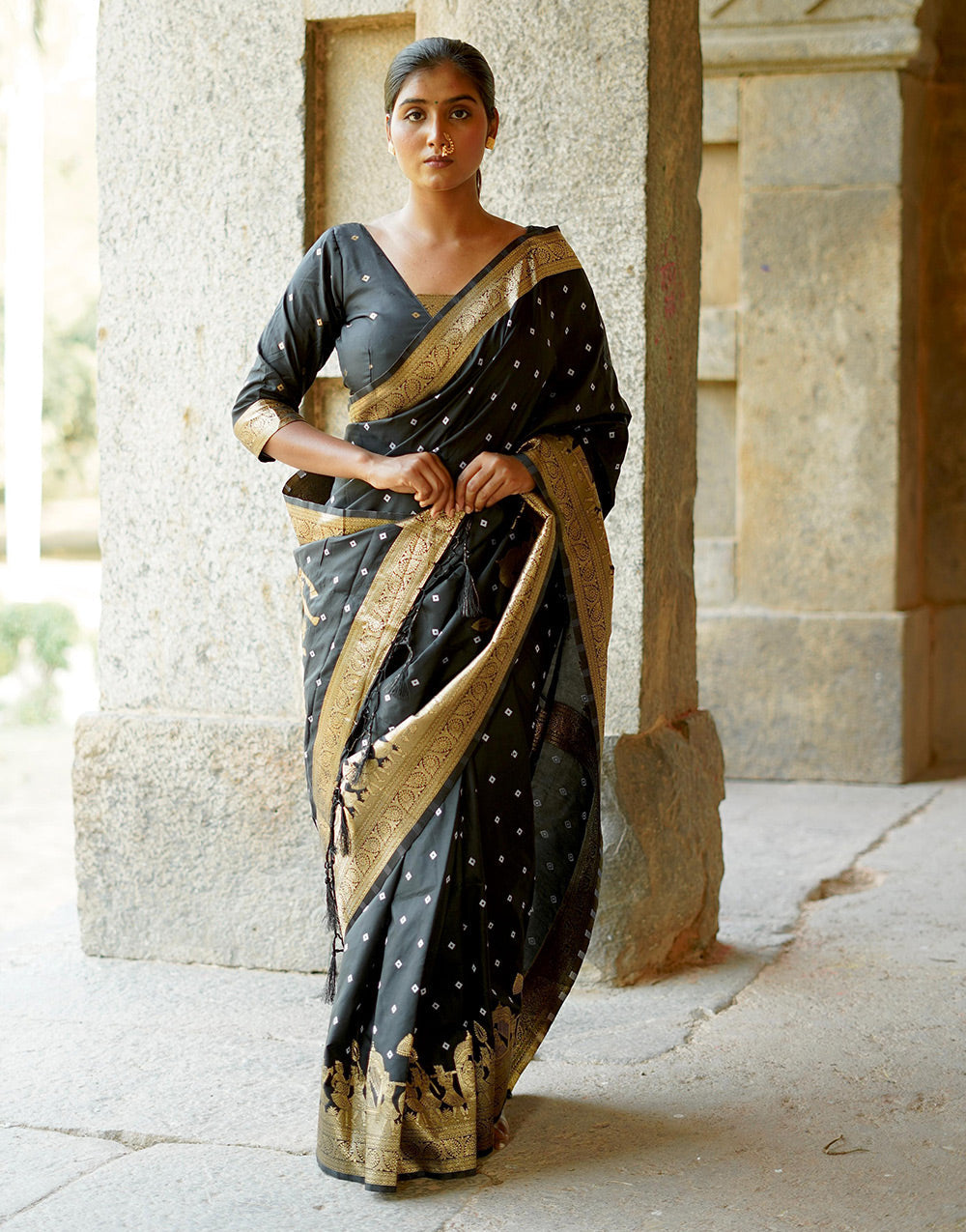 Black Hand Bandhej Bandhani Saree With Zari Weaving Work