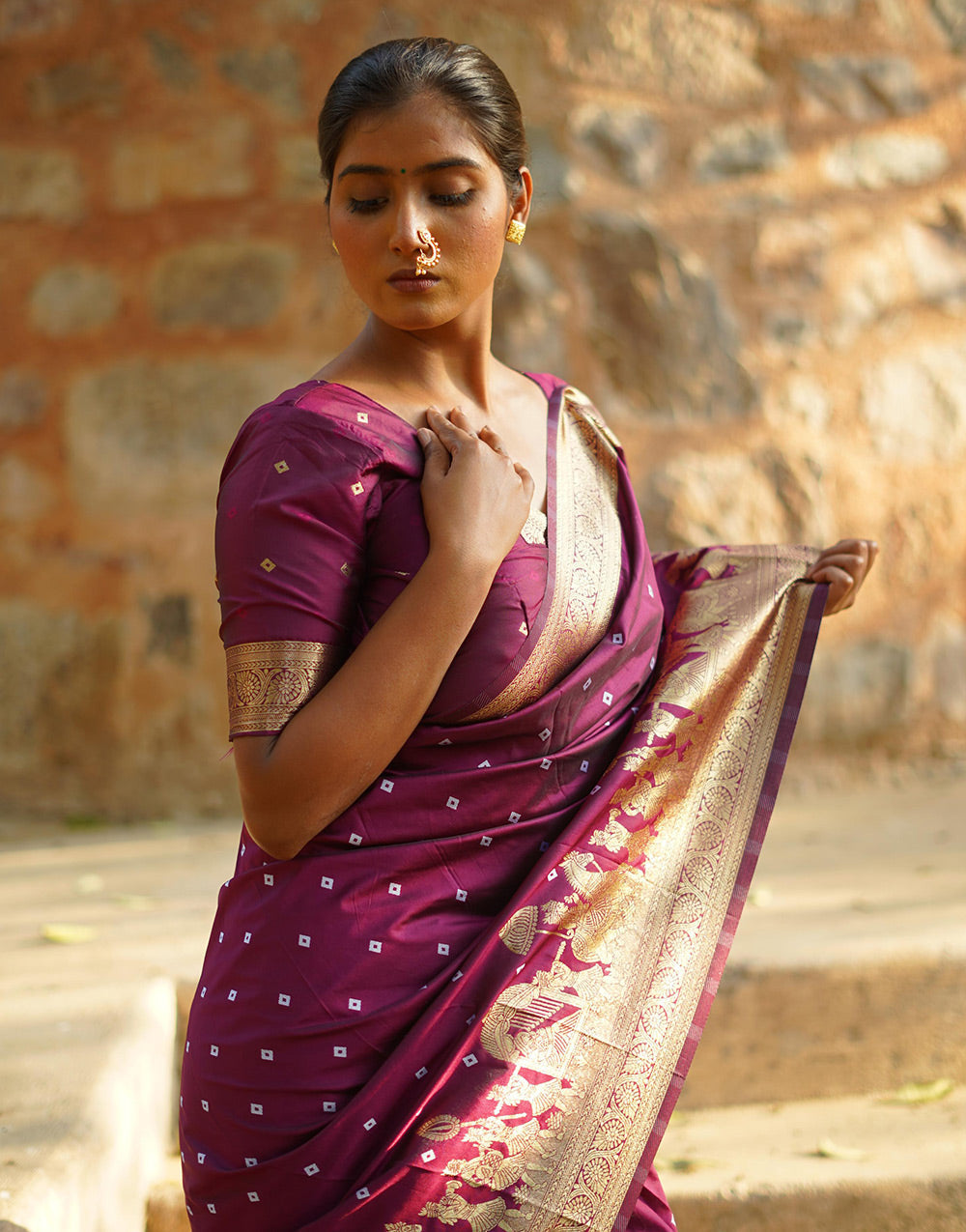 Dark Magenta Hand Bandhej Bandhani Saree With Zari Weaving Work