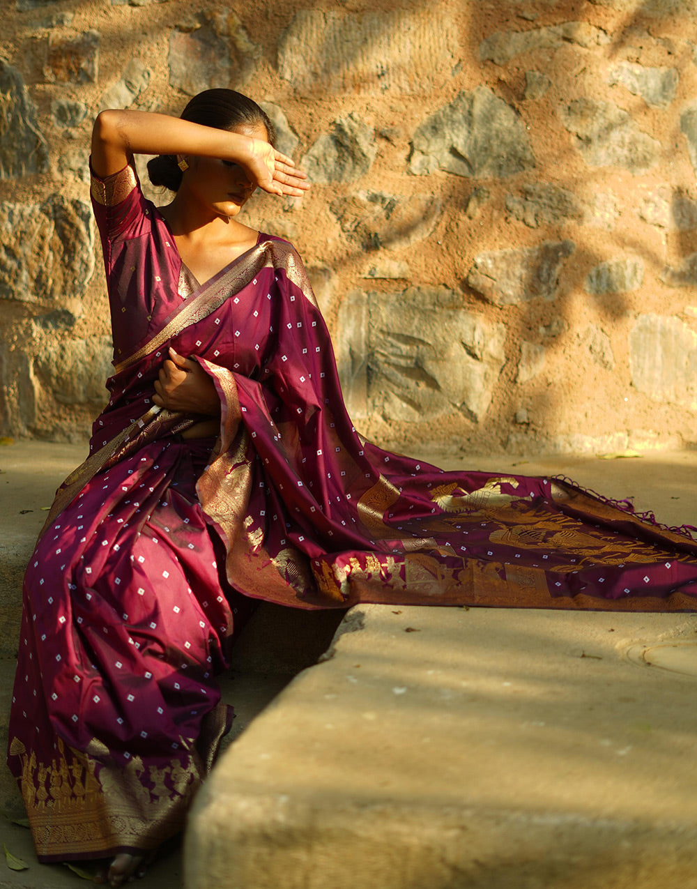 Dark Magenta Hand Bandhej Bandhani Saree With Zari Weaving Work