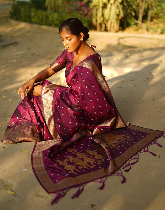 Dark Magenta Hand Bandhej Bandhani Saree With Zari Weaving Work